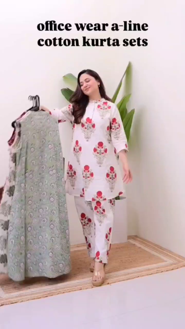 Maroon Cotton Floral Printed Kurta Set with Pant for Women