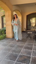 Sky Blue French Crepe Thread Embroidered Kurti Set with Pant & Dupatta for Women