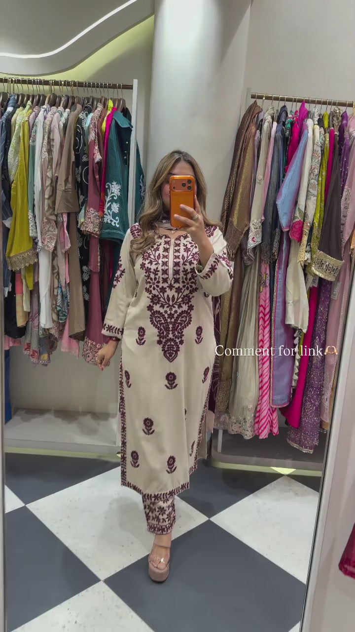 Embroidered Rayon Slub Kurti Palazzo Set with Printed Dupatta for Women