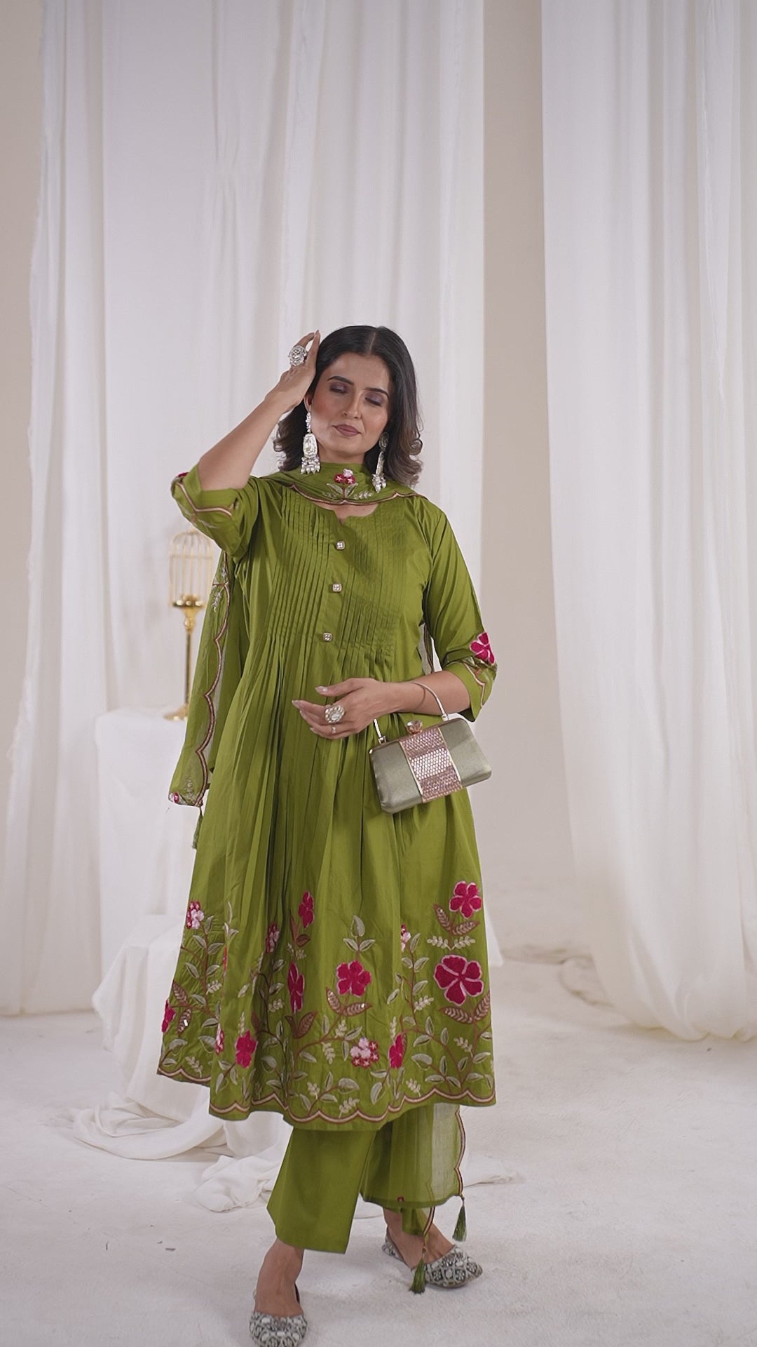 Pure Cotton Anarkali Kurti Set with Embroidered Dupatta   3 Piece Ethnic Suit Set