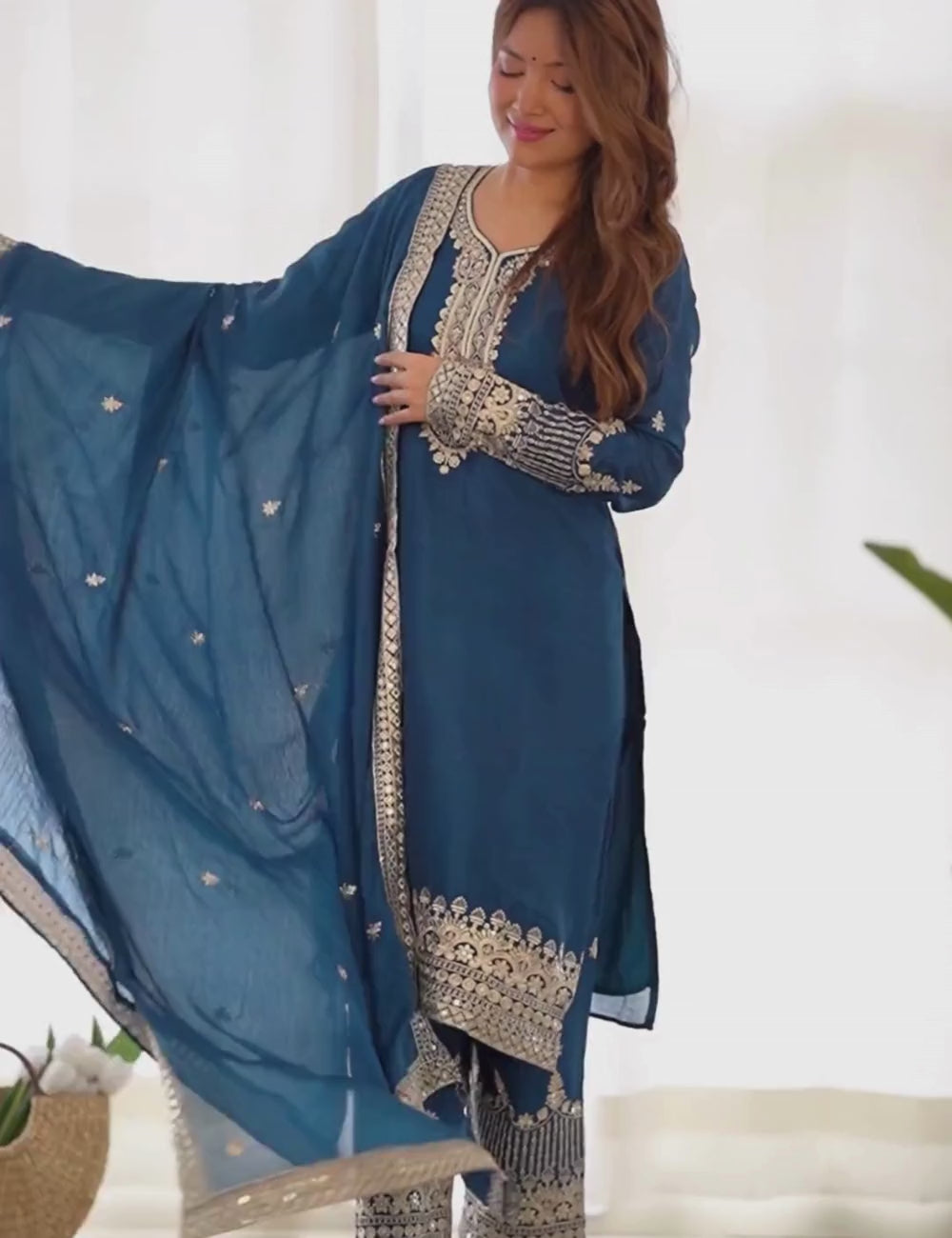 Pure Chinon Silk Embroidered Straight Kurta Set with Trousers and Dupatta