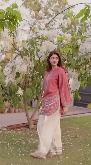Designer Roman Silk Embroidered Kurti with Farshi Palazzo Set for Women – Party Wear