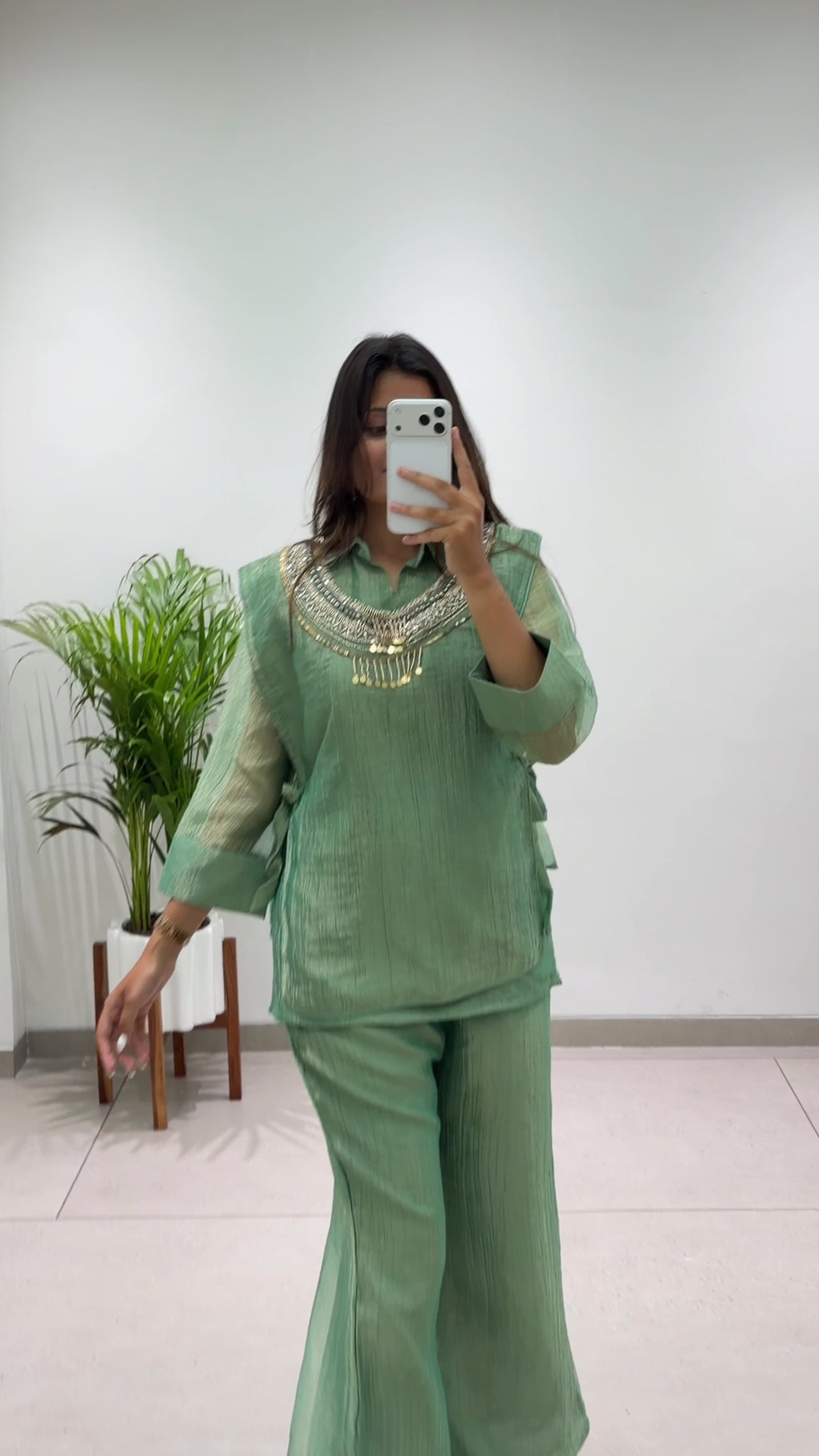 Designer Salsa Silk Shirt, Pant & Hand-Embroidered Shrug Set
