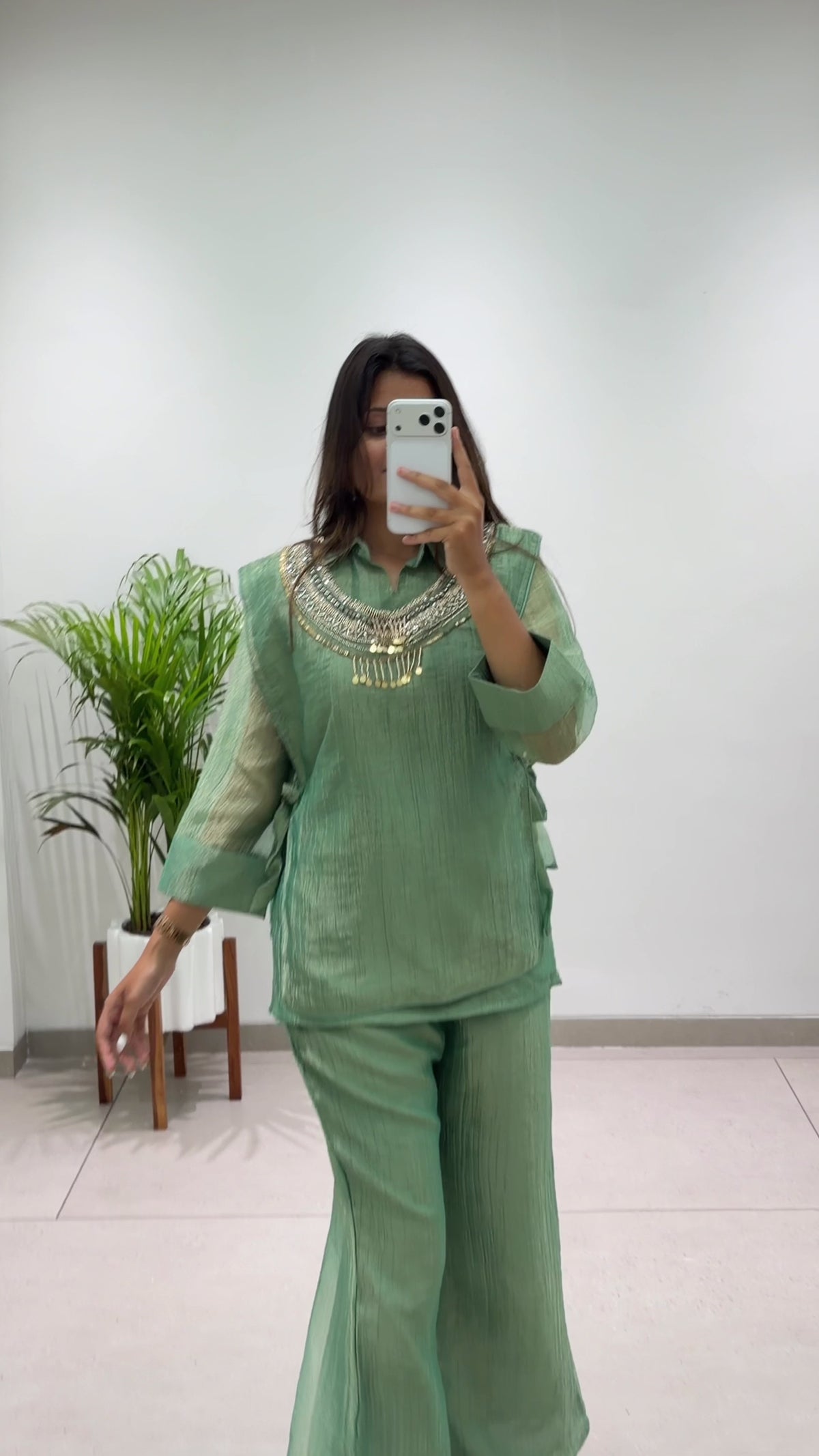 Designer Salsa Silk Shirt, Pant & Hand-Embroidered Shrug Set
