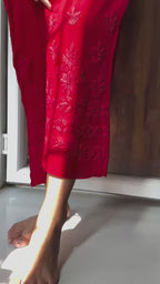Red Georgette Thread Embroidered Kurti Set with Pant & Dupatta for Women