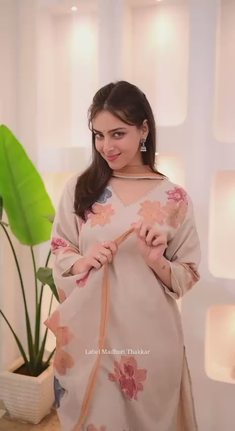 Olive Green Floral Printed Salwar Set with Kurta, Pant & Dupatta for Women