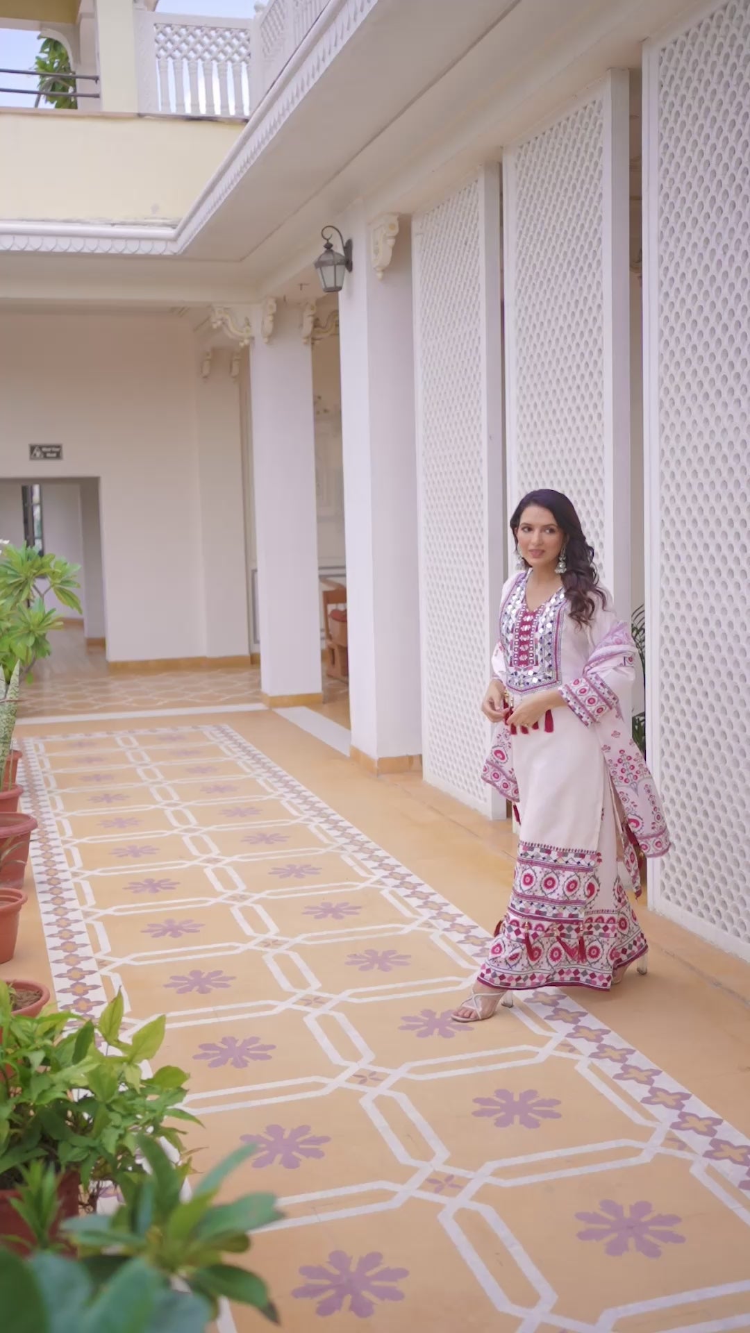Printed Top Palazzo Dupatta Set With Real Mirror Work