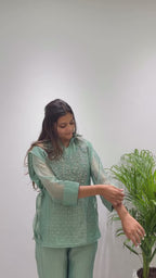 Designer Salsa Silk Shirt Pant Set with Hand Embroidered Shrug for Women