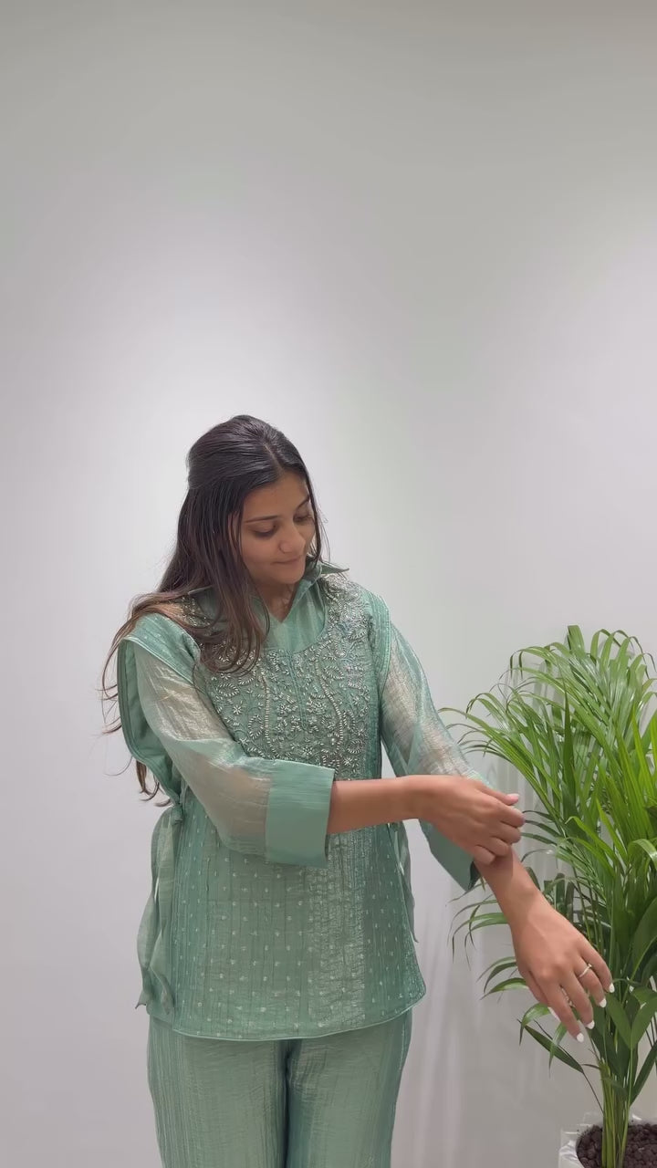 Designer Salsa Silk Shirt Pant Set with Hand Embroidered Shrug for Women