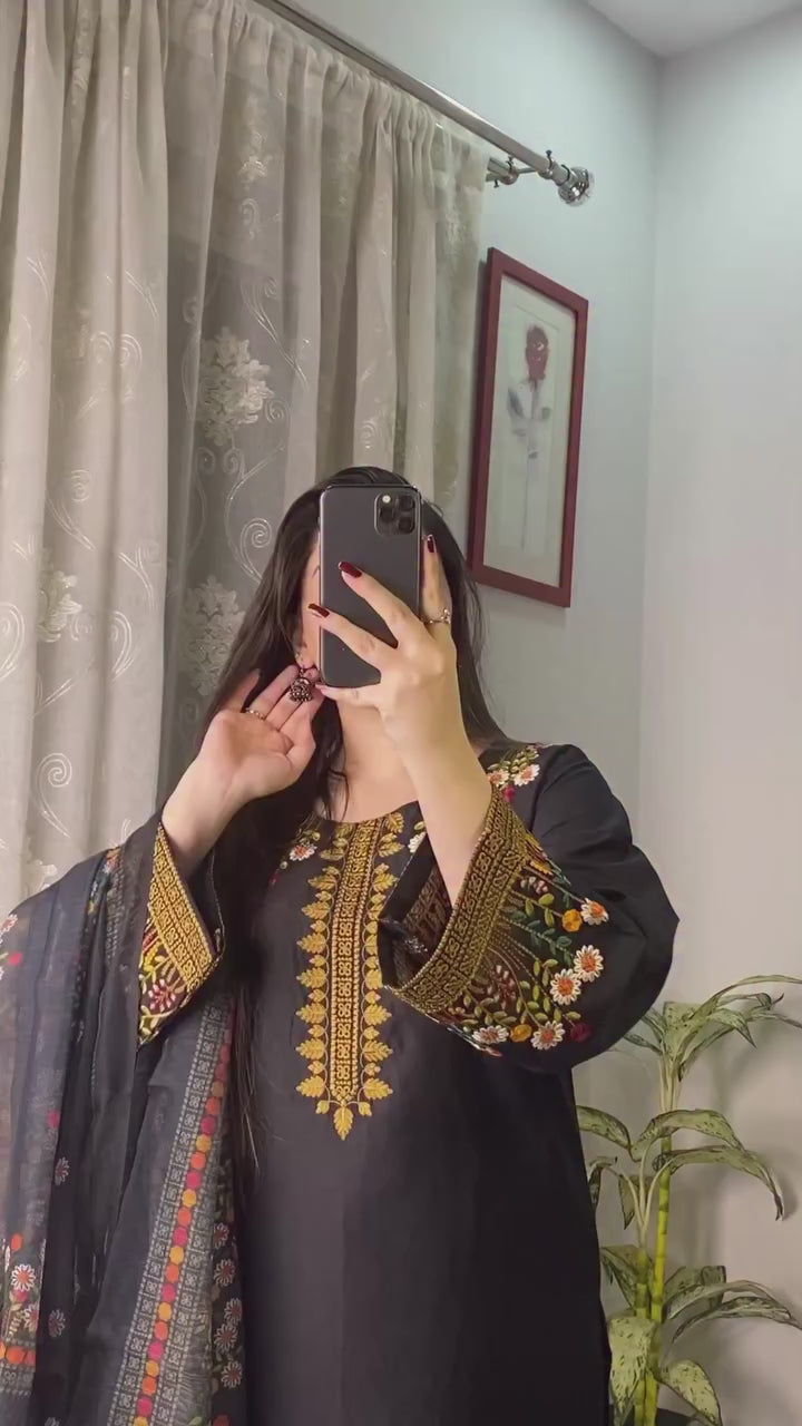 Black Roman Silk Embroidered Kurta Palazzo Set with Dupatta for Women