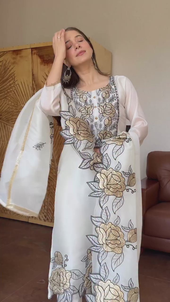 Embroidered Cut Work Suit Set for Women | Jimmy Choo Kurta Pant with Dupatta