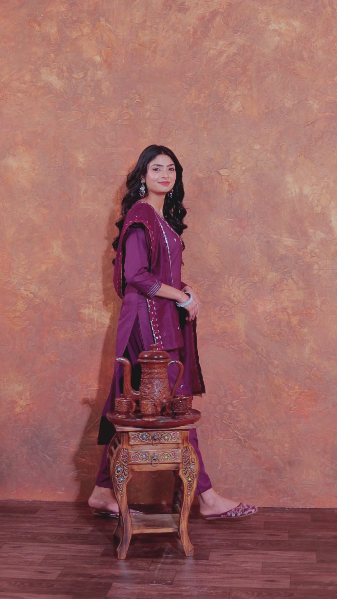 Purple Roman Silk Embroidered Kurti Set with Pant & Dupatta for Women