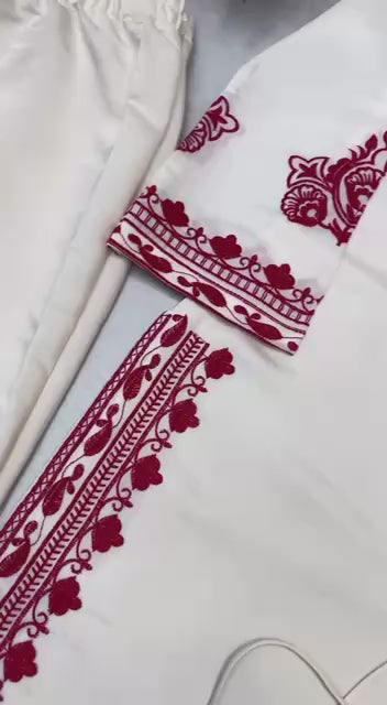 White & Maroon Roman Silk Embroidered Suit Set with Pant & Dupatta for Women