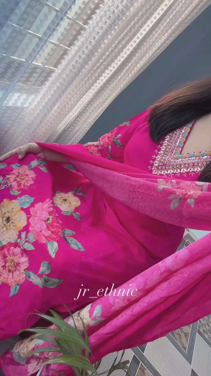 Floral Hand Work KitKat Silk Kurti Pant Dupatta Set