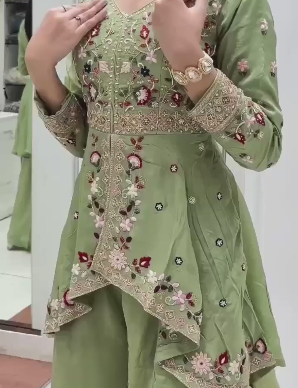 Silk Sequence Embroidered Kurta Palazzo Set with Dupatta