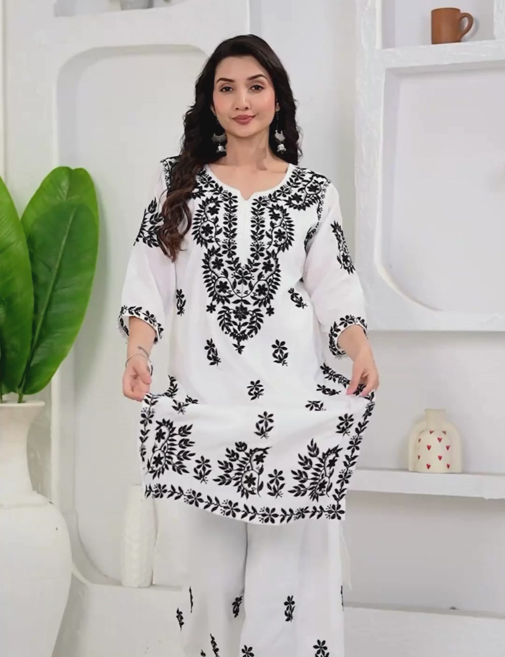White & Black Maslin Embroidered Kurta Palazzo Set for Women