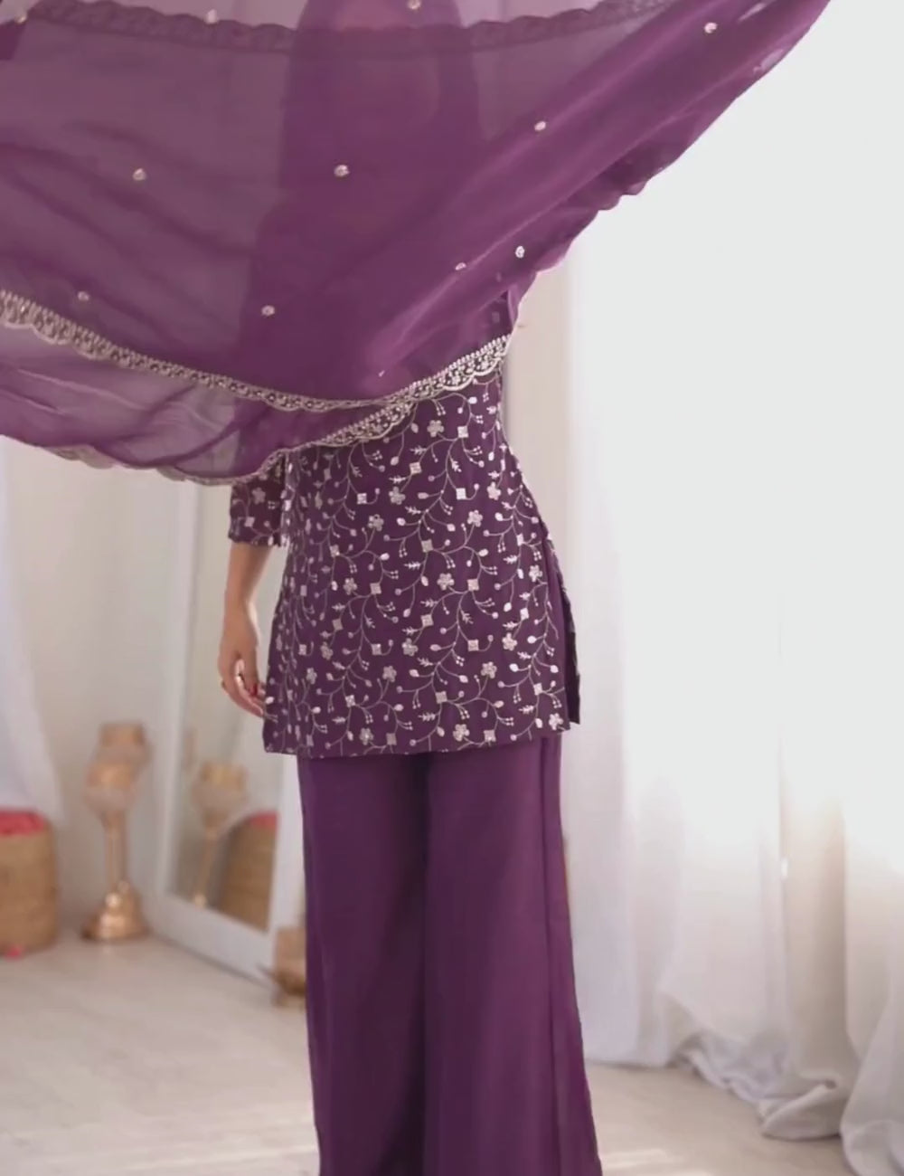 Crunchy Silk Embroidered Kurta Set with Dupatta and Bell Bottom Pant