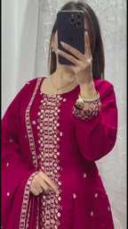 Maroon Chinon Embroidered Kurti Set with Pant & Dupatta for Women