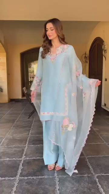 Sky Blue French Crepe Thread Embroidered Kurti Set with Pant & Dupatta for Women