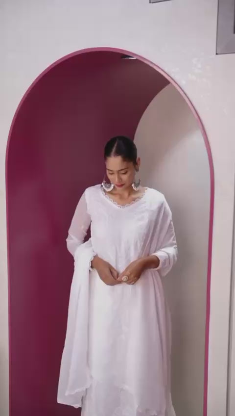 White Faux Georgette Thread Embroidered Kurti Set with Pant & Dupatta for Women