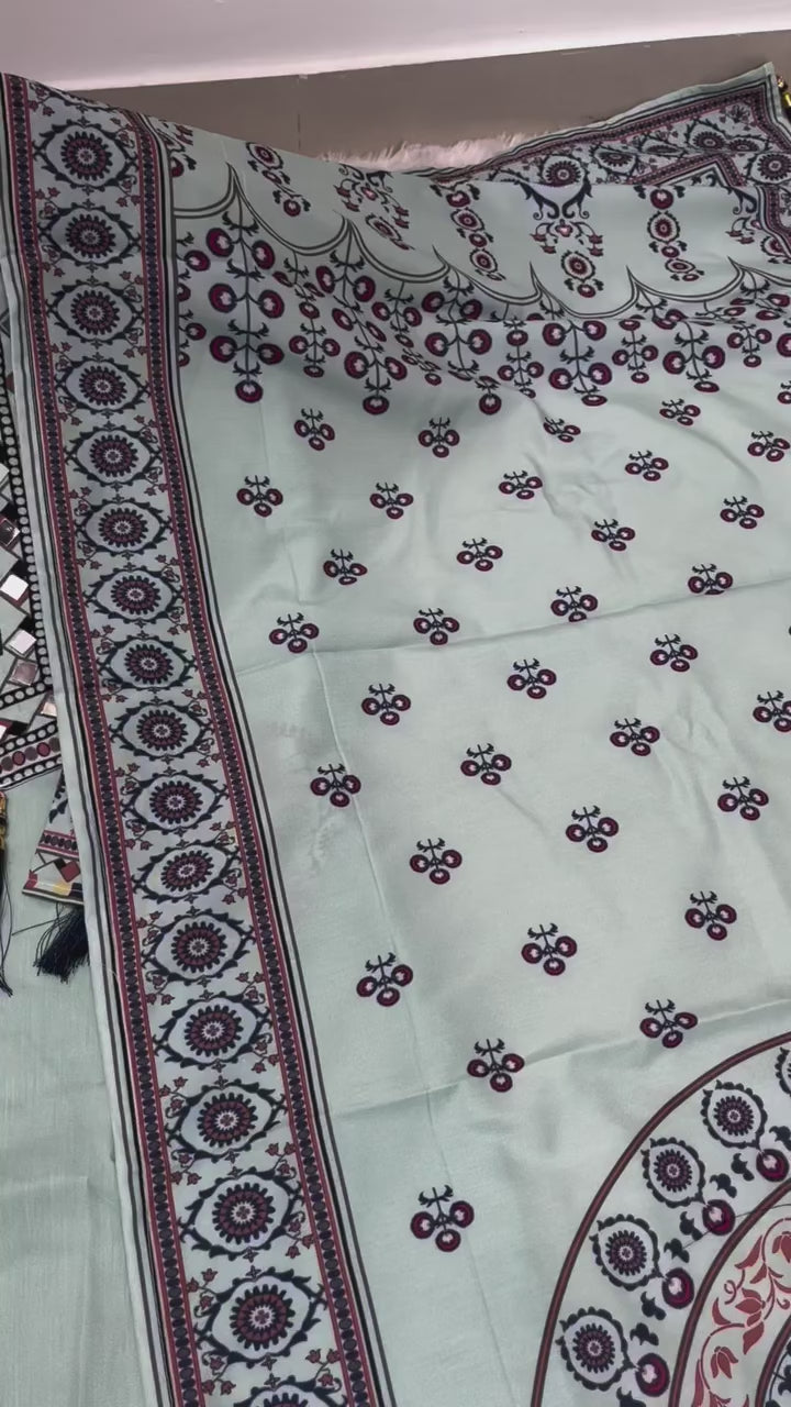 Printed Top Palazzo Dupatta Set With Real Mirror Work