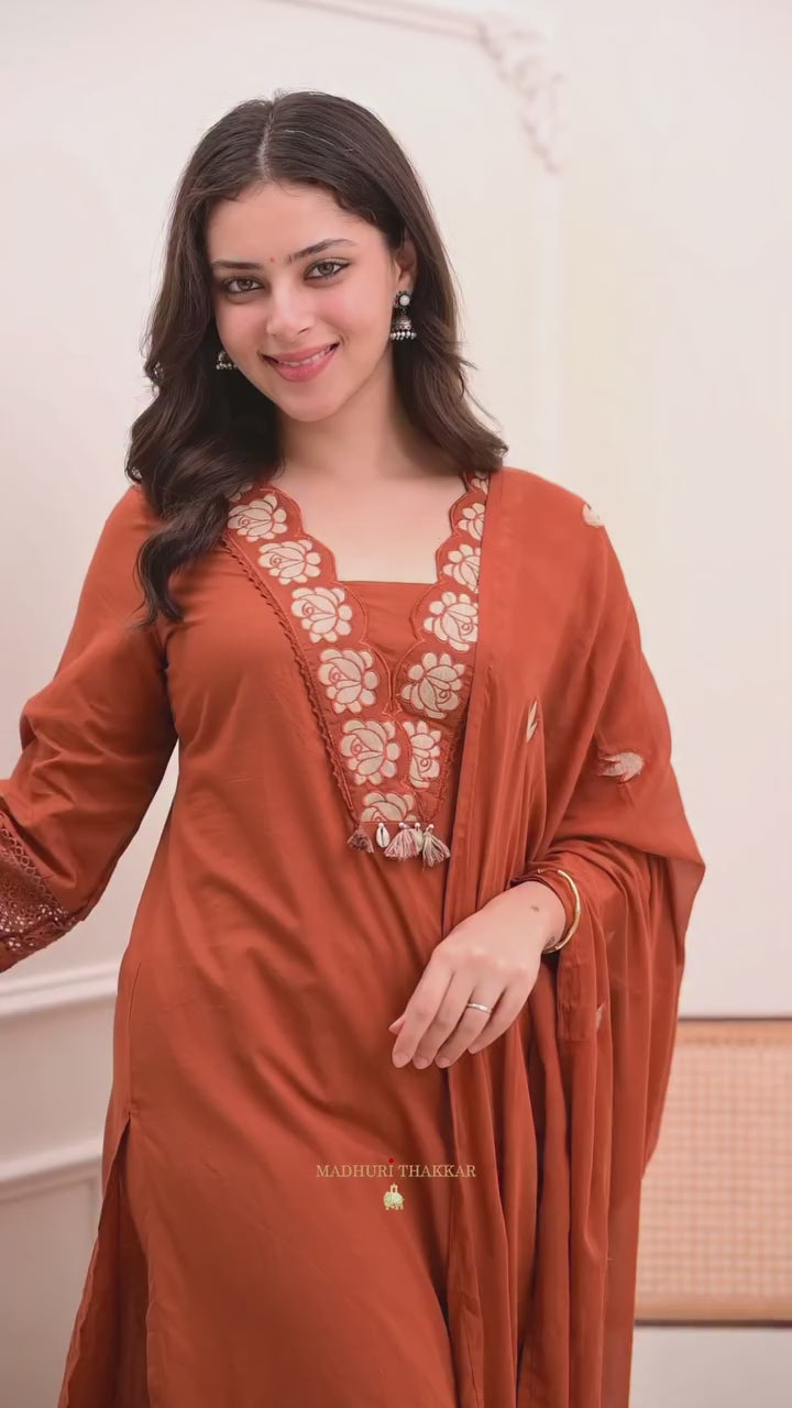 Orange Cotton Blend Embroidered Kurti with Pant & Dupatta Set for Women
