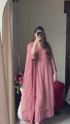Pink Chinon Thread Embroidered Kurti Set with Pant & Dupatta for Women