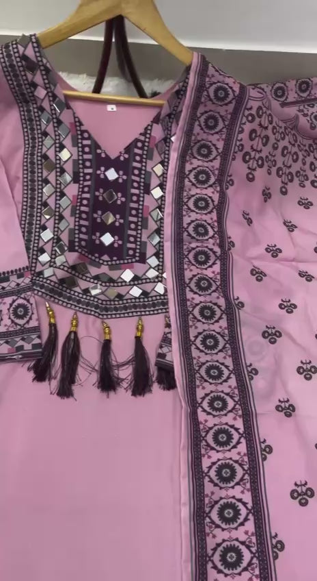 Printed Top Palazzo Dupatta Set With Real Mirror Work