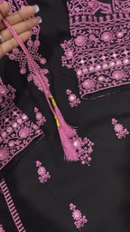 Embroidery Mirror Work Suit Set for Women .Rayon Kurti Plazzo & Fox Georgette Dupatta