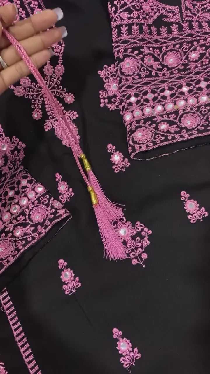 Embroidery Mirror Work Suit Set for Women .Rayon Kurti Plazzo & Fox Georgette Dupatta