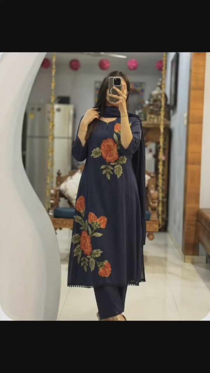 Summer Premium Cotton Rose Embroidery Kurta Pant Dupatta Set