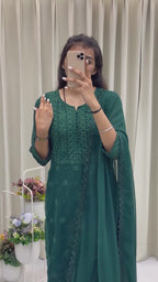 Olive Georgette Thread Embroidered Kurti Set with Pant & Dupatta for Women