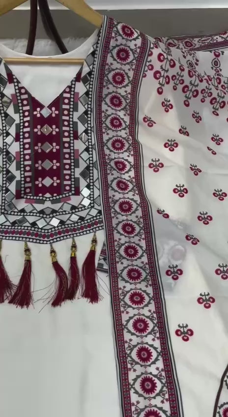 Printed Top Palazzo Dupatta Set With Real Mirror Work
