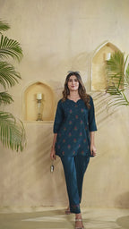 Heavy Rayon Embroidered Co-Ord Set . Hand Work Kurti & Straight Pant Set