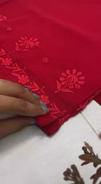 Red Faux Georgette Thread Embroidered Kurti Set with Pant & Dupatta for Women
