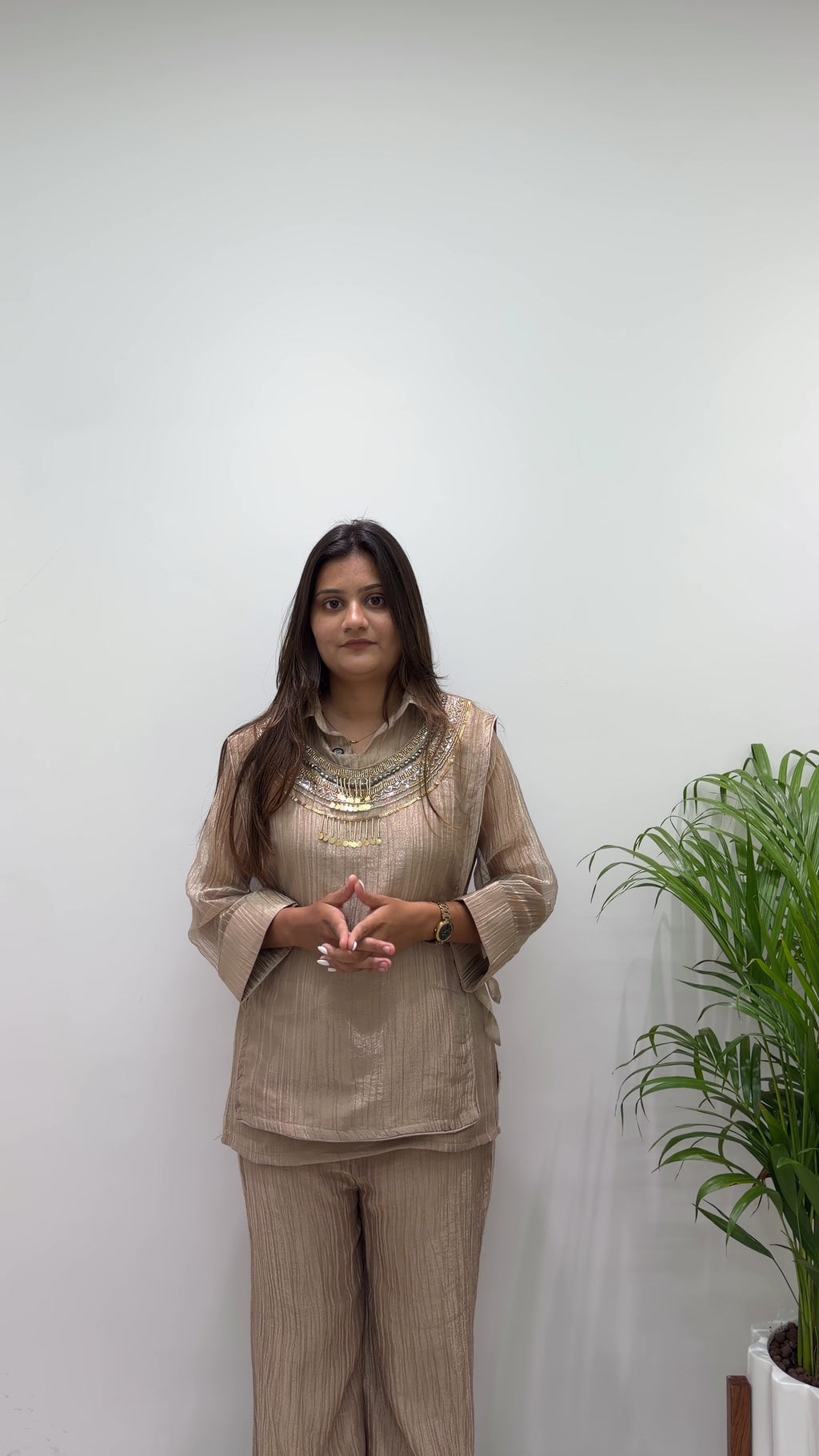 Designer Salsa Silk Shirt, Pant & Hand-Embroidered Shrug Set