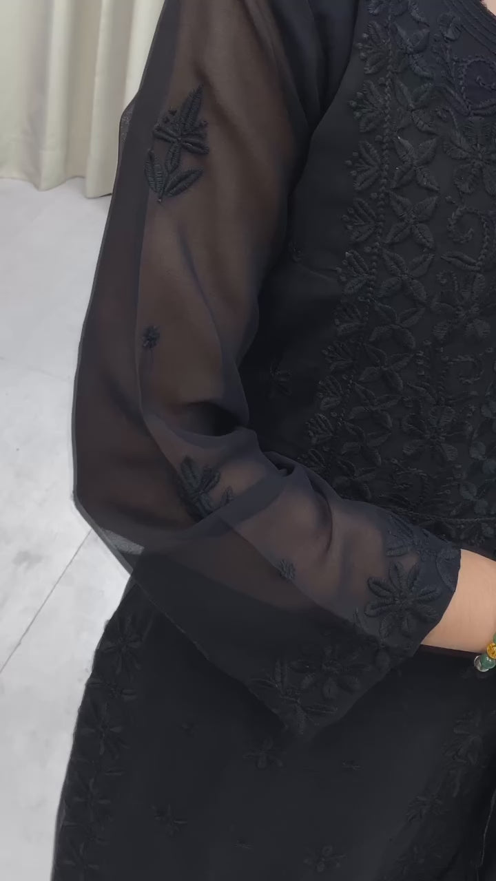 Black Georgette Thread Embroidered Kurti Set with Pant & Dupatta for Women