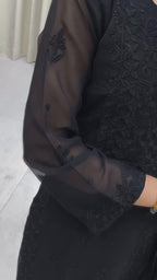 Black Georgette Thread Embroidered Kurti Set with Pant & Dupatta for Women