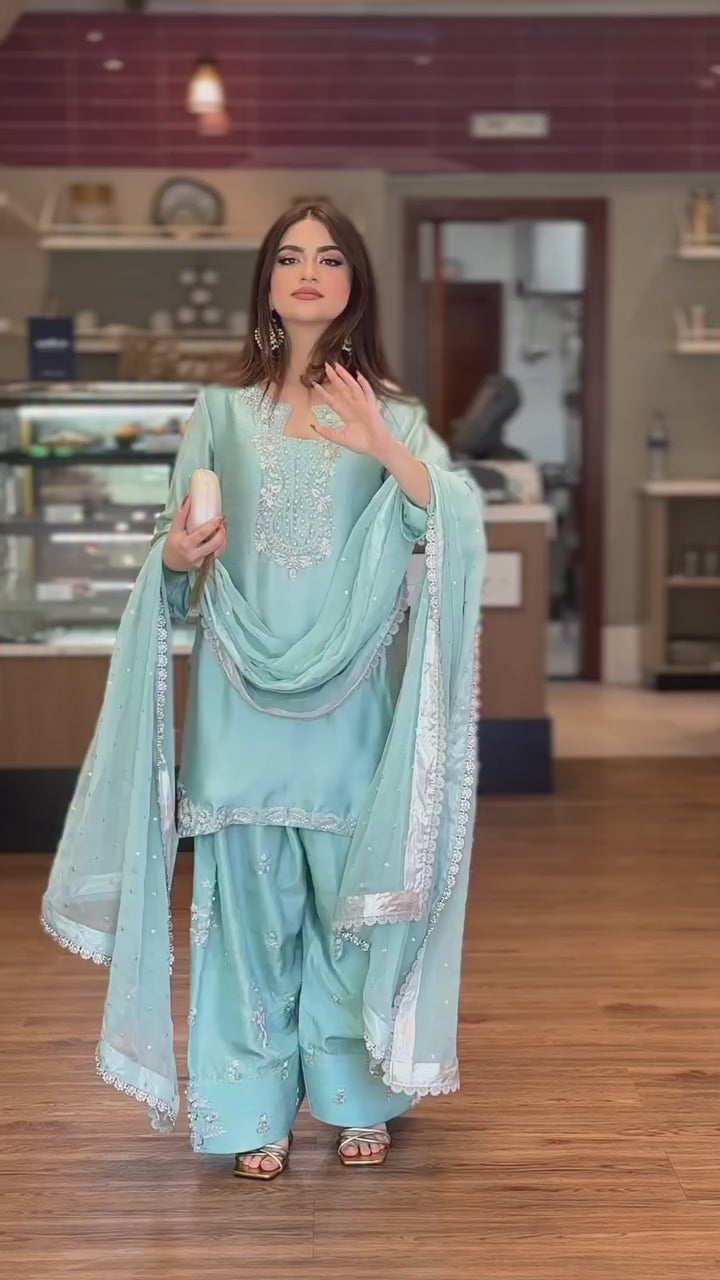 Silk Embroidered Top with Farshi Palazzo and Organza Dupatta Set