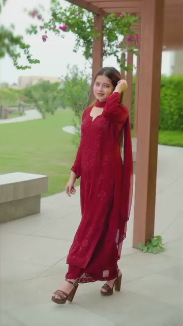 Red Faux Georgette Thread Embroidered Kurti Set with Pant & Dupatta for Women