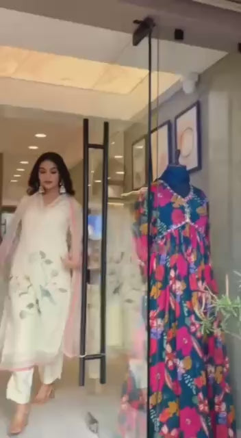 White Silk Digital Printed Kurti Set with Pant & Dupatta for Women