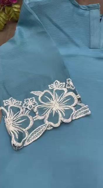 Blue Chinon Embroidered Co-Ord Set for Women