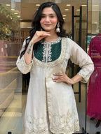 White & Green Roman Silk Embroidered Co-Ord Set for Women