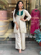 White & Green Roman Silk Embroidered Co-Ord Set for Women