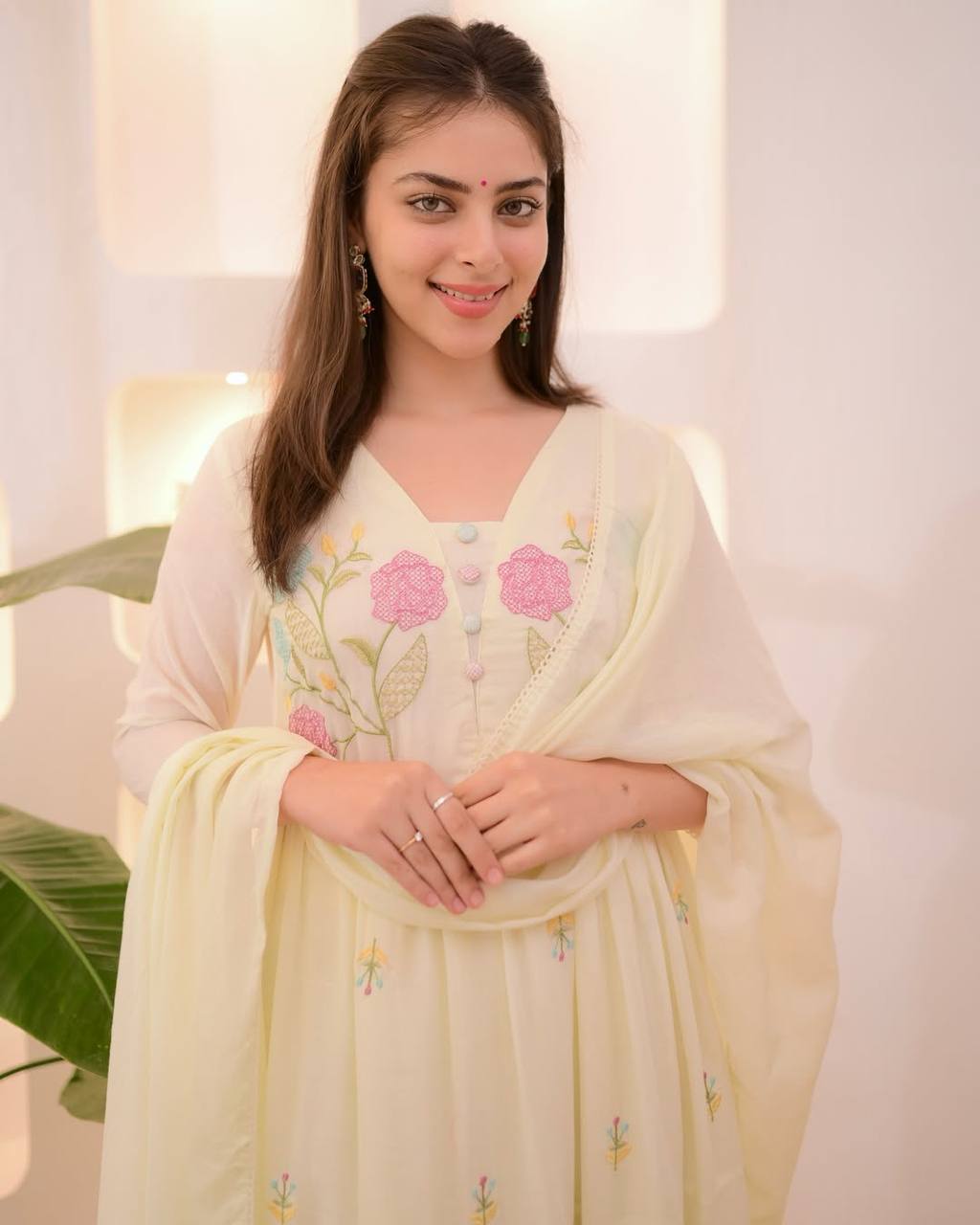 Cream Chanderi Floral Embroidered Anarkali Set with Dupatta for Women