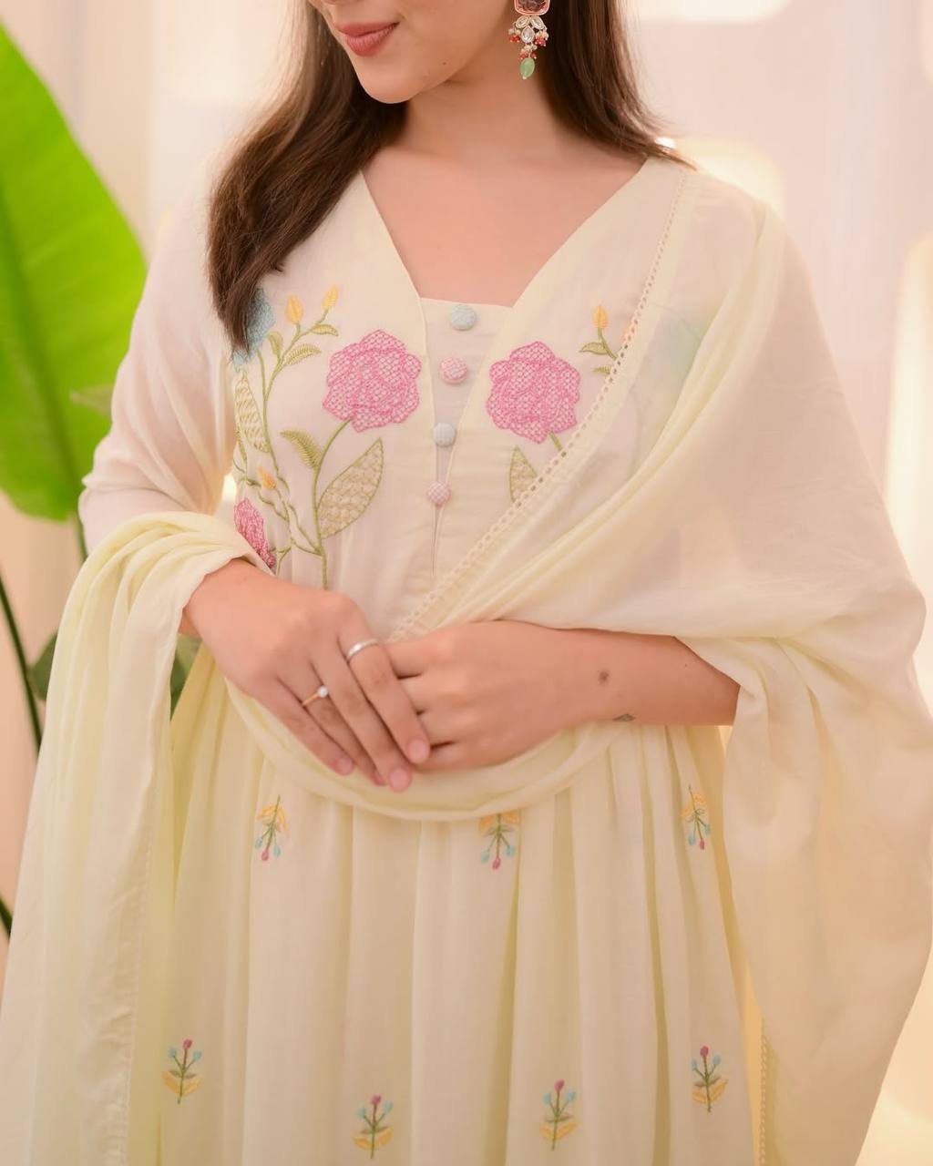 Cream Chanderi Floral Embroidered Anarkali Set with Dupatta for Women