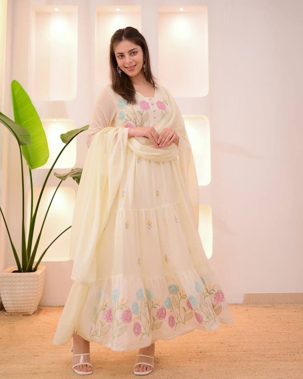 Cream Chanderi Floral Embroidered Anarkali Set with Dupatta for Women