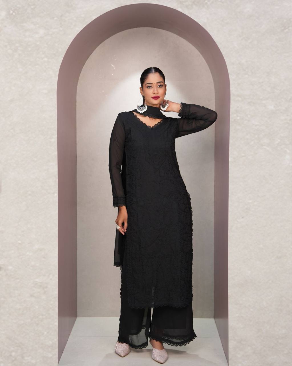 Black Faux Georgette Thread Embroidered Kurti Set with Pant & Dupatta for Women