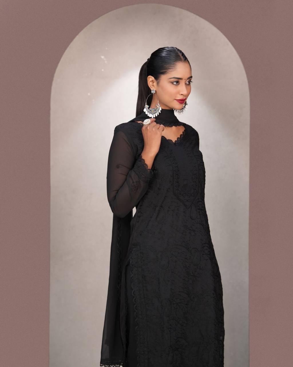 Black Faux Georgette Thread Embroidered Kurti Set with Pant & Dupatta for Women