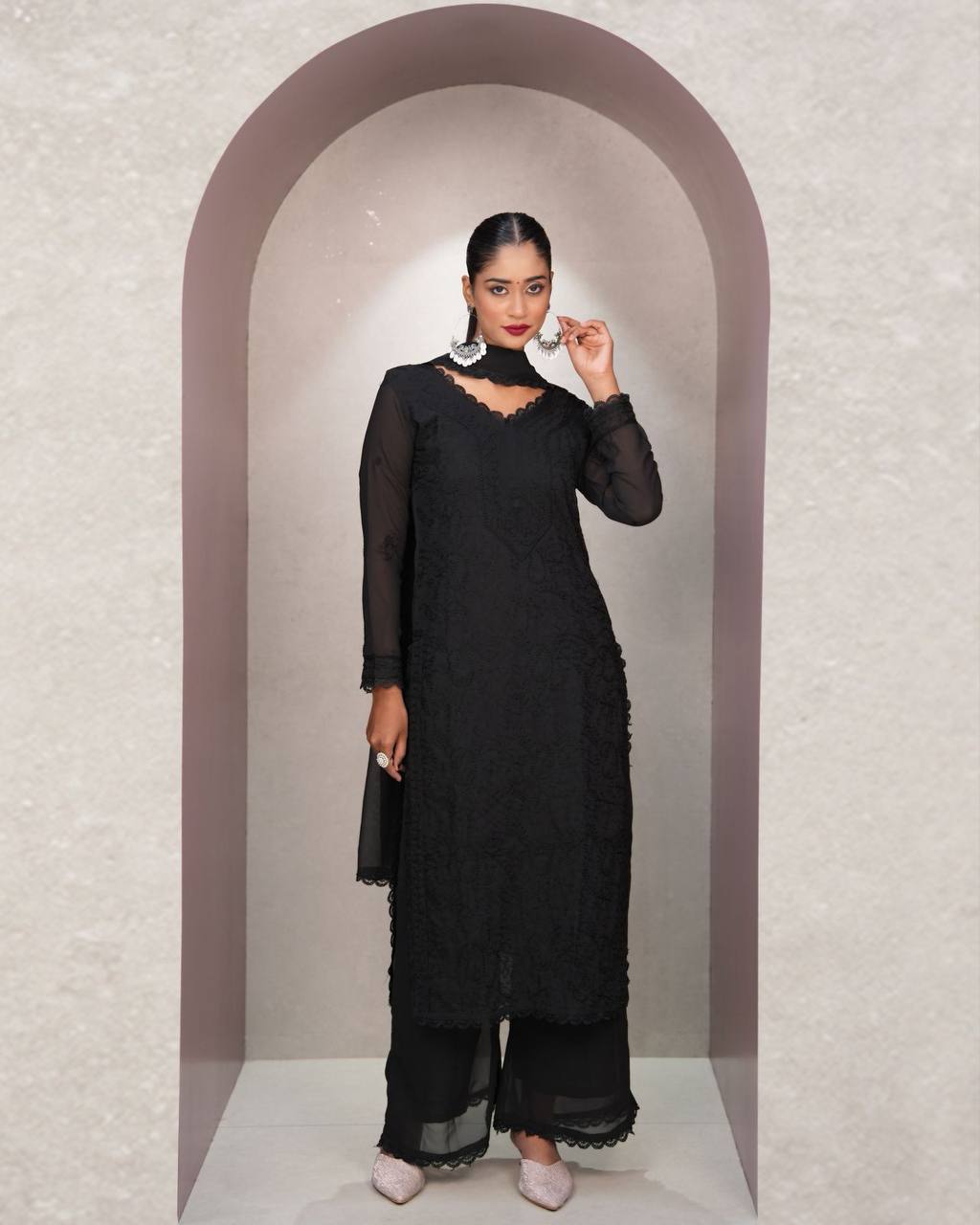 Black Faux Georgette Thread Embroidered Kurti Set with Pant & Dupatta for Women